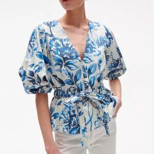 Figue Joyce 14 Floral Top V Neck Blue Floral Drawstring Elastic Puff Sleeve Boho